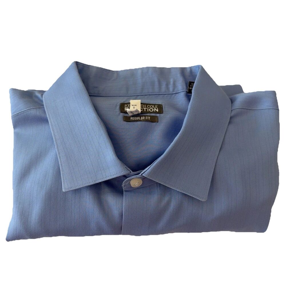 Kenneth Cole Reaction Textured Stripe Dress Shirt 18.5 34/35 Blue Wrinkle Free - Picture 14 of 15